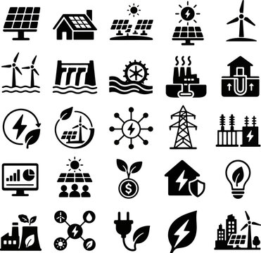 Renewable energy, solar power and wind electricity solid icons set, clean energy, sustainable technology and green power concept