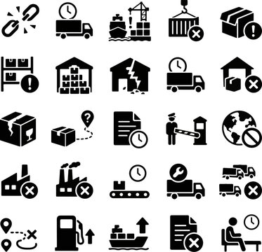 Supply chain disruption, shipping delay and logistics problems solid icons set, freight transport, delivery and global trade concept