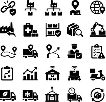 Supply chain resilience, inventory management and smart logistics solid icons set, warehouse and distribution concept
