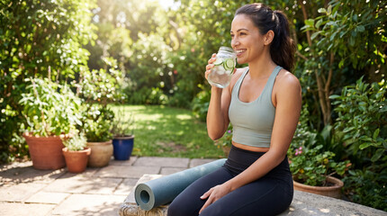 Fototapeta premium Woman hydrating with cucumber water after a fitness workout, enjoying a refreshing moment in a lush garden