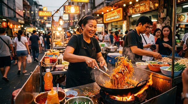 Asian street food vendor cooking noodles in a wok at a bustling night market