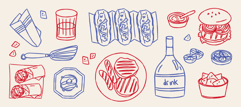Fast Food and BBQ Doodle Element Set, Hand Drawn American Street Food Vector Illustration Isolated on Beige Background, Restaurant Menu Design Clipart