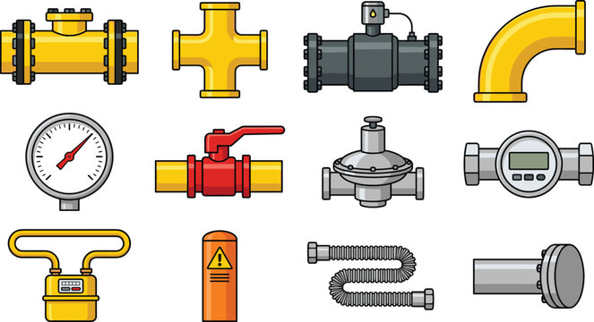 Industrial Pipeline Components Collection with Valves Pressure Gauge Flow Meter Gas Regulator Pipe Fittings and Mechanical Engineering Vector Elements