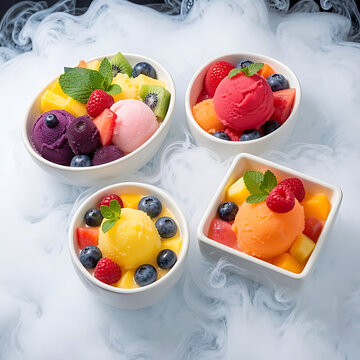A composition of three unusually shaped bowls (one round, one oval, and one square). Inside are lemon, raspberry, and mango sorbets.