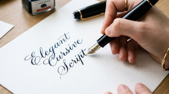Person writing elegant cursive script with professional fountain pen on paper background.