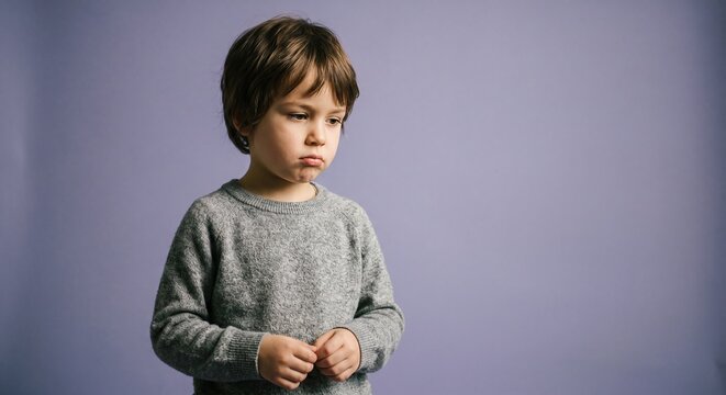 Melancholy gaze of a small child standing alone against a soft purple backdrop