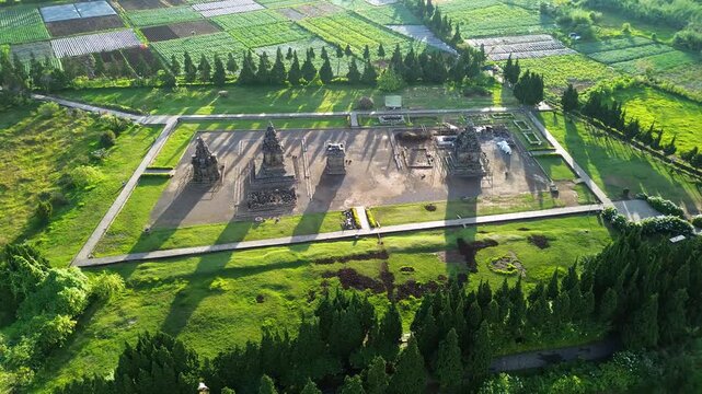Aerial Drone View of Arjuna Temple Complex at Dieng Plateau, Indonesia During Golden Hour