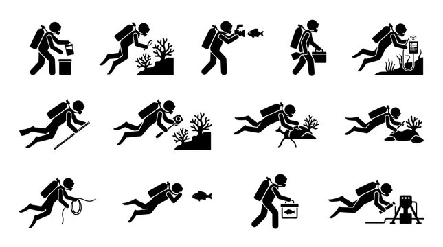 Set of stick figure icons depicting scuba divers performing various underwater tasks, scientific research, photography, and marine exploration activities in a minimalist black style.