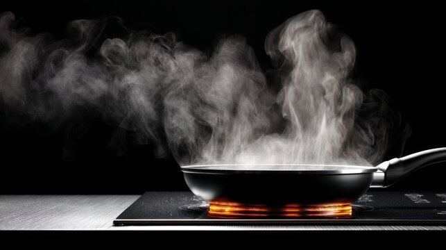 Smoke Rising from Hot Frying Pan on Dark Kitchen Surface with Intense Heat and Culinary Atmosphere Captured in High-Resolution Photography
