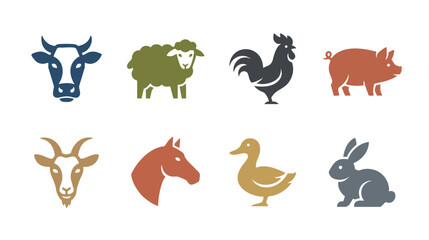 Fototapeta premium Minimalist Farm Animal Vector Icon Set Rural Nature Flat Design Collection