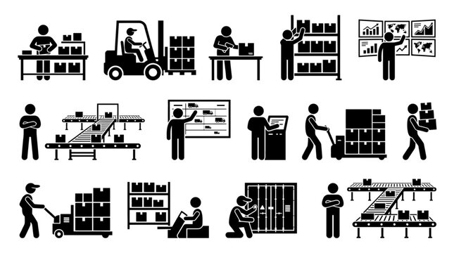 Comprehensive collection of warehouse and logistics icons featuring workers handling packages, operating forklifts, managing conveyor belts, and monitoring inventory data in a professional setting.