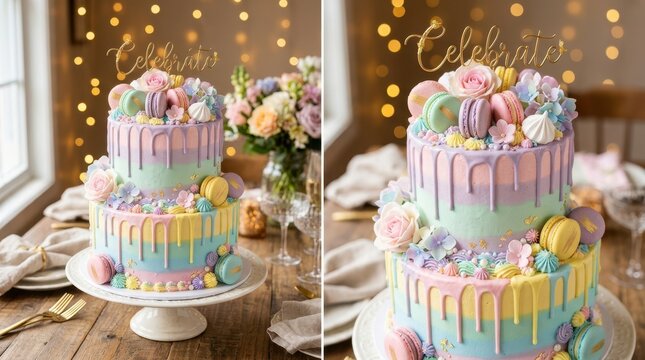 Elegant two-tier pastel drip cake adorned with macarons and flowers for celebrations