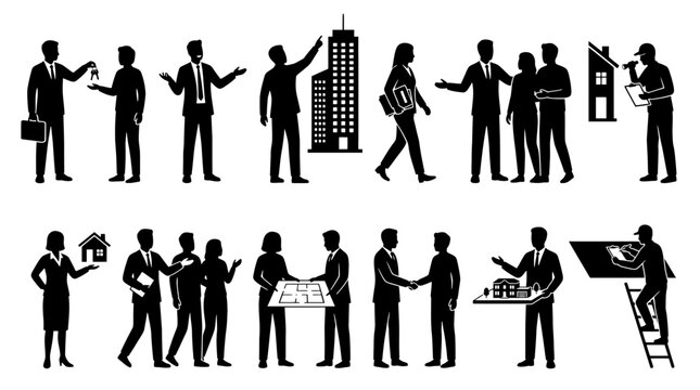 Real estate and construction industry stick figure icon set depicting property agents, architects, building inspections, client meetings, and house sales in a professional black silhouette graphic.