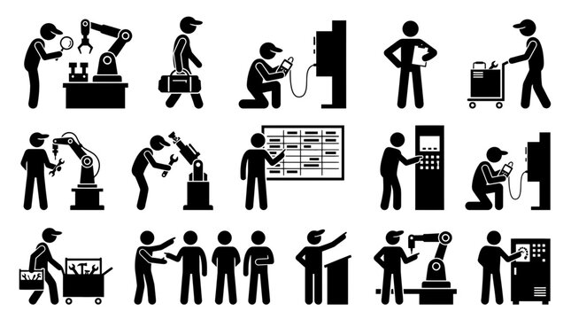Collection of industrial maintenance and mechanical engineering icons showing technicians using tools, inspecting machines, managing logistics, and operating control panels in black.