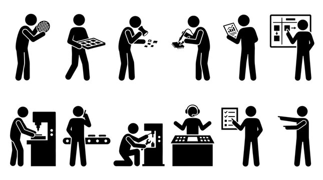 Set of stick figure icons depicting electronics manufacturing workers, semiconductor production technicians, quality control inspectors, and industrial engineers working in a high-tech facility.
