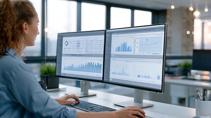 Fototapeta premium woman working on computer with dual monitors displaying data analysis and graphs in modern office