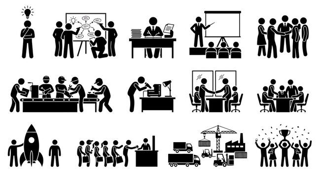 Corporate business and office productivity icons featuring brainstorming, strategic planning, meetings, teamwork, manufacturing, logistics, startup success, and professional growth.