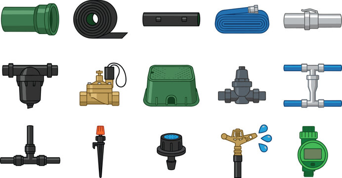 Irrigation and Water Supply Equipment Icon Collection Featuring Valves Filters Sprinklers Flow Meters Pipe Fittings and Landscape Irrigation Components