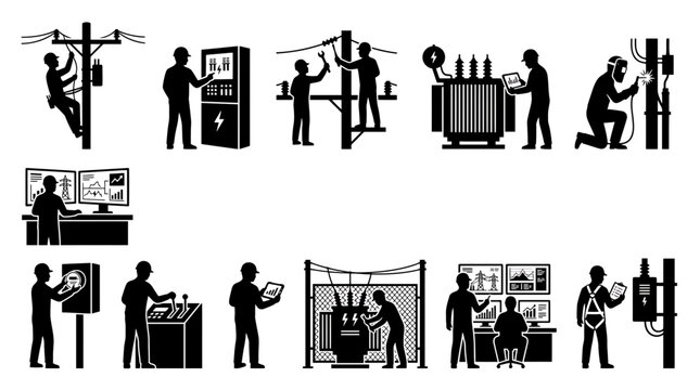 Set of professional electrical engineer and utility worker icons showing various technical tasks, maintenance, power grid monitoring, and substation operations in a clean black and white vector style.