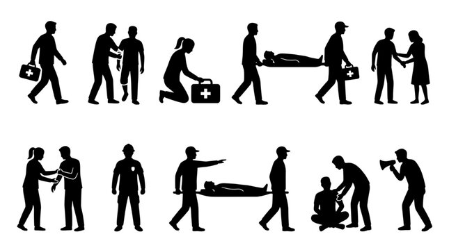 Emergency medical service and first aid responder icons showing paramedics, rescue teams, and healthcare personnel providing assistance, stretcher transport, and triage in a clear vector silhouette.