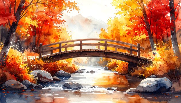 Rustic Wooden Bridge Arching Over Autumn Mountain Stream