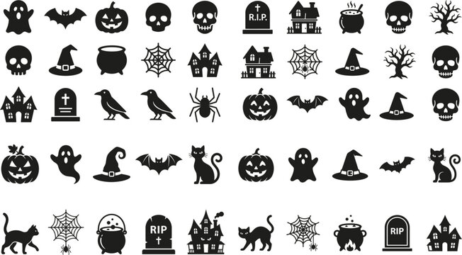 Halloween icons set spooky ghosts pumpkins skulls and witch elements