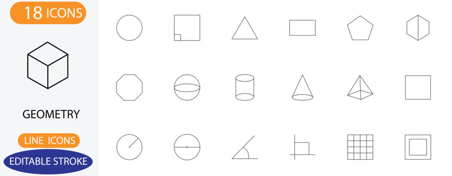 Geometry and basic math shapes line icons. Vector geometric circle, square, triangle, and polygon symbols with editable stroke.