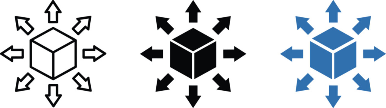 Vector illustration of cube with outward arrows in outline, solid black, and blue styles representing expansion and distribution