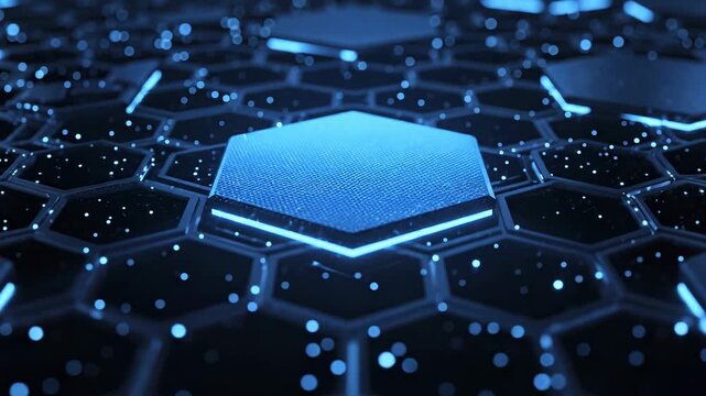 Hexagonal pattern illuminated by blue light particles. Futuristic technology setting with glowing surfaces. Concept of digital design, tech industry, gaming