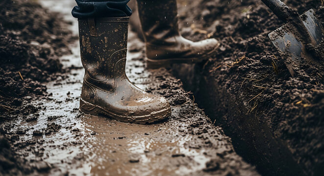 A pair of muddy rubber boots worn by a worker digging a deep trench in wet soil under overcast skies with a metal shovel visible in the dark earth