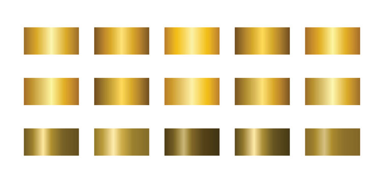 Gold gradients set of fifteen metallic rectangular swatches. Gold color palette collection with shiny and matte textures. Gold metallic textures isolated on a white background