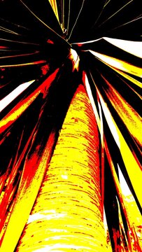 Poster-style illustration of a Balinese Pandanus tree (Cordyline australis). View from below with red, yellow, and black coloring.