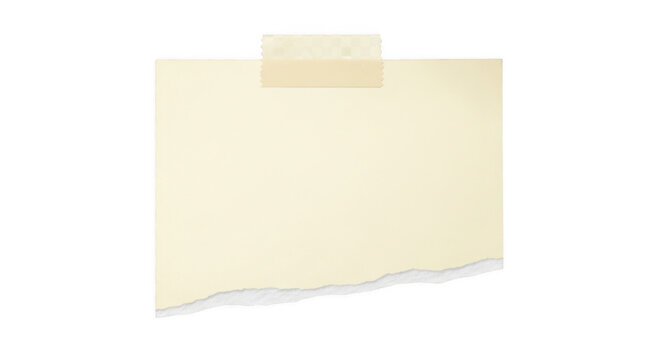 Torn yellow paper note taped with translucent adhesive against a clean backdrop isolated on transparent background