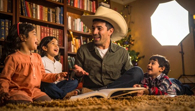 Man in cowboy hat reads book to excited children by Christmas tree