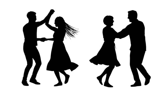 Silhouette couple dancing in a playful and romantic pose isolated on transparent background, Vector