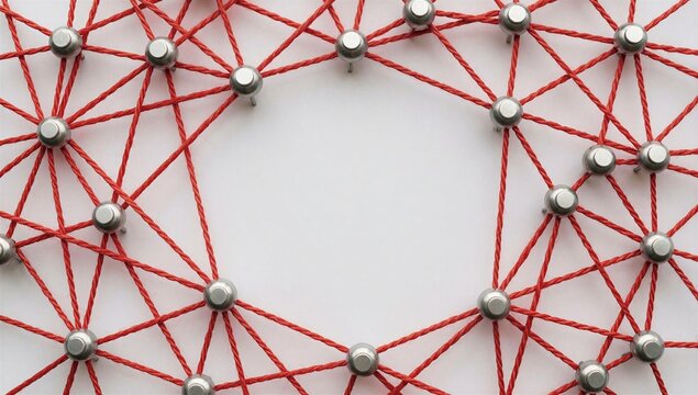 Red strings connected by pins on a white board, concept of complex investigation and strategic mapping