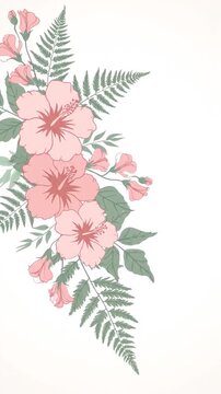 Sequential floral pattern animation showcasing pink hibiscus and fern greenery in a seamless repetitive design for elegant