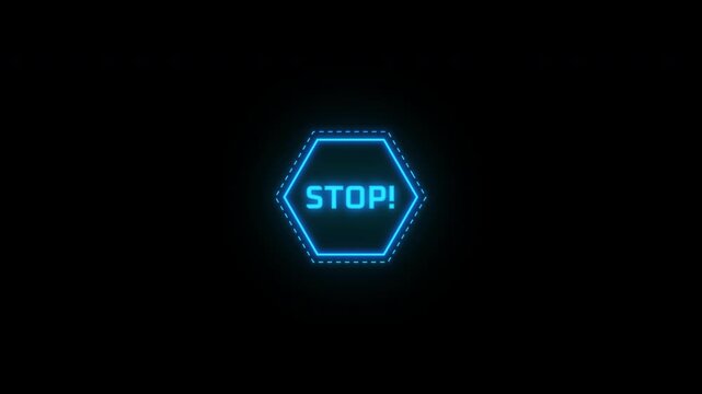 Futuristic Glowing Blue Hexagon Stop Sign Animation.
