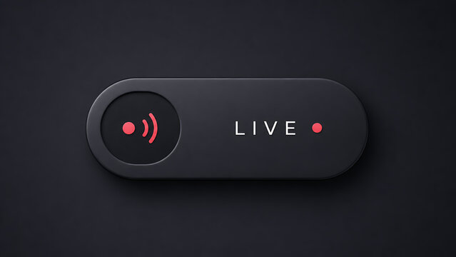 A sleek black live streaming button with red accents is displayed prominently on a dark background.
