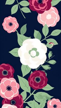 Dynamic floral pattern with layered colorful roses and green leaves on dark background