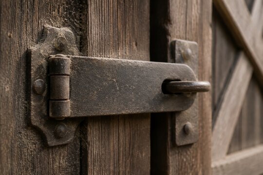 Large iron hasp on a dusty barn door, symbolizing security in soft natural light.