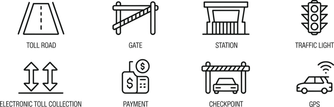 Highway Toll Icon vector illustration featuring editable stroke station gate traffic light electronic payment checkpoint road infrastructure and transportation symbols