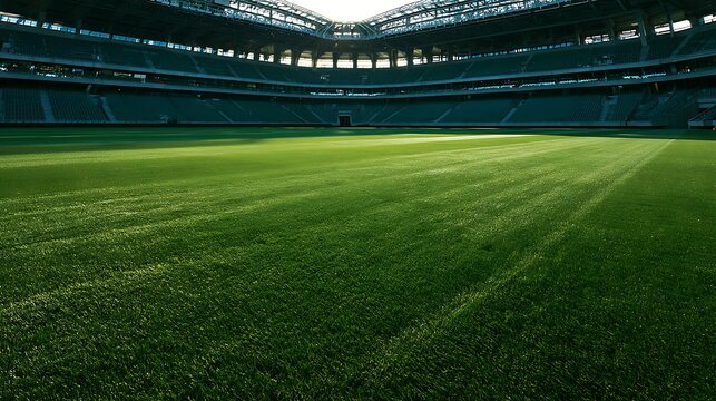 empty green football field in a large stadium with bleachers