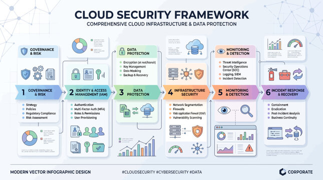Comprehensive cloud security framework infographic diagram.