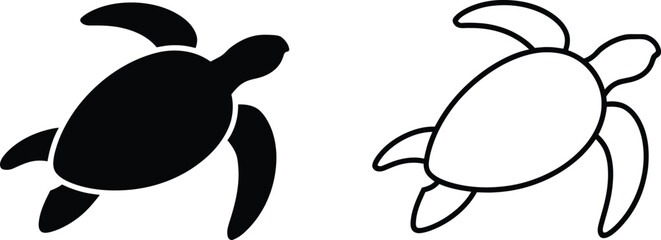 Sea turtle icon set with solid black and outline swimming exotic marine wildlife ocean animal symbol collection © Rezia