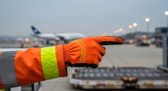 Ground Handling Worker Giving Directional Hand Signal on Airport Apron During Aircraft Operations
