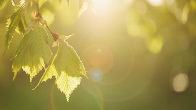 Cinematic parallax forest depth with sharp leaf foreground glowing lens flare and soft natural cinematic lighting