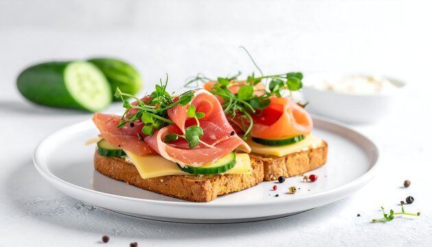 A plate of toast topped with cured meat, cheese, sprouts, and vegetables