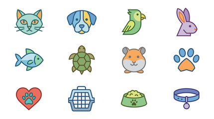 Obraz premium Collection of cute cartoon animal icons and pet accessories.