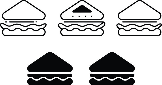 Vector illustration of sandwich icons in outline and solid black styles representing food, snack, and fast meal concepts